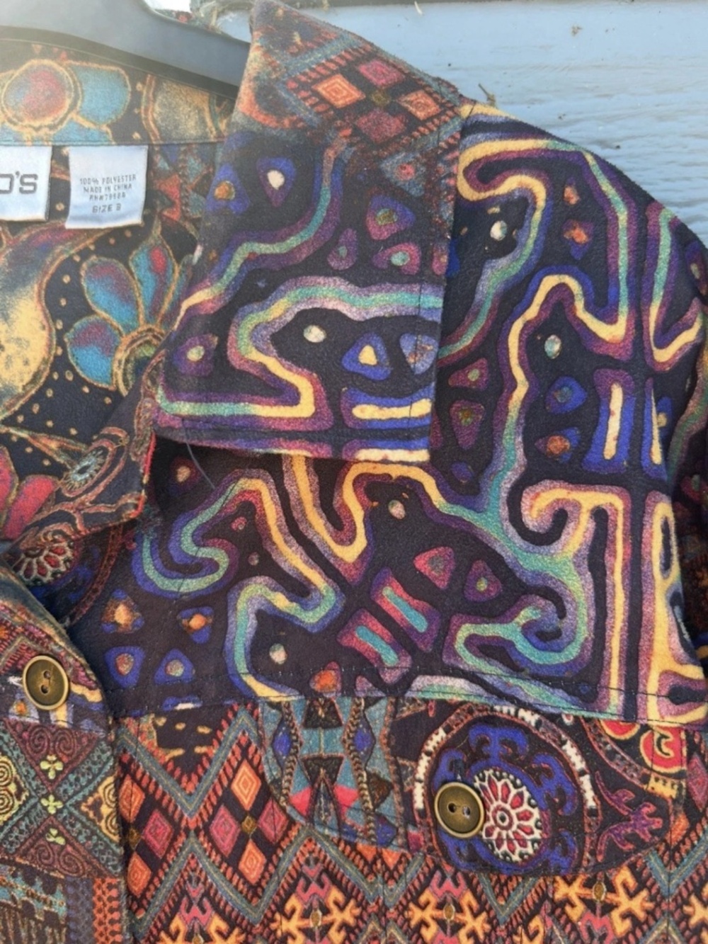Vintage Y2K Chico’s Size 3 Art to Wear Patchwork Tapestry Boho Jacket